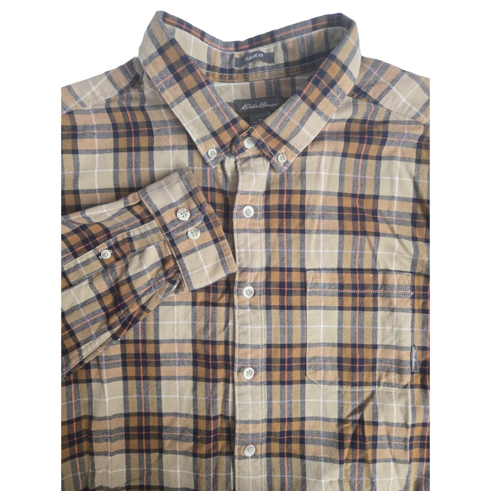 Eddie‎ Bauer Men's TXL Classic Fit Tan Blue Plaid Thick LS Button Down Flannel